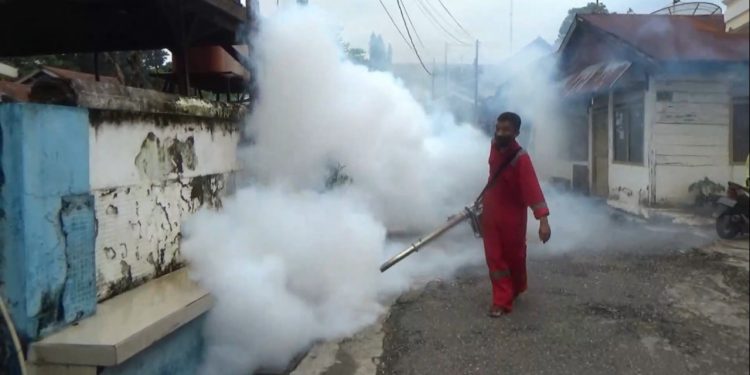 Ketgam : Petugas Fogging melakukan penyemprotan di Jalan Laute, Kelurahan Mandonga, Kecamatan Mandonga, Kota Kendari.