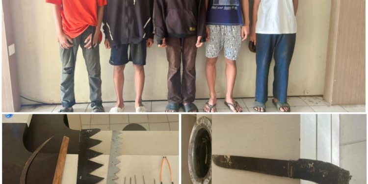 5 Remaja pelaku tawuran beserta barang bukti diamankan di Mapolresta Kendari.