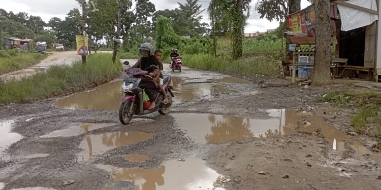 Warga Menghindari kubangan jalan rusak di Nanga-nanga