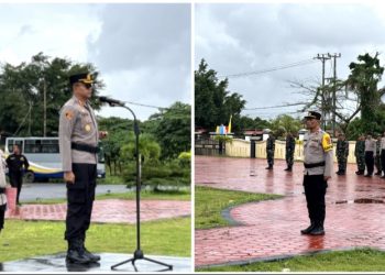 Kapolres Buton Utara, AKBP Totok Budi Sanjoyo pimpin apel gelar pasukan Operasi Patuh Anoa 2025 di Lapangan Wicaksana Laghawa Polres Butur, Senin (14/7/2025). (Foto: Istimewa)