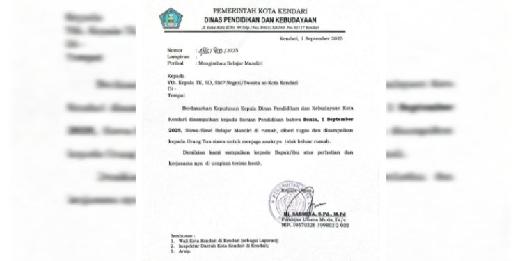Dinas Pendidikan Kendari Imbau Siswa Belajar Mandiri di Rumah Senin 1 September 2025. (Foto: Istimewa)