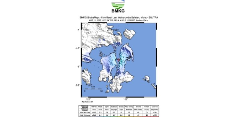 Gempa Bumi M3.4 Guncang Barat Laut Wakorumba Selatan, Kabupaten Muna, Sulawesi Tenggara (Sultra), Senin (11/8/2025). (Foto: Istimewa)