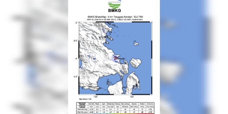 Gempa M2,5 Guncang Kendari, BMKG Sebut Dipicu Sesar Kendari North, Sabtu (18/4/2026) dini hari. (Foto: Istimewa)