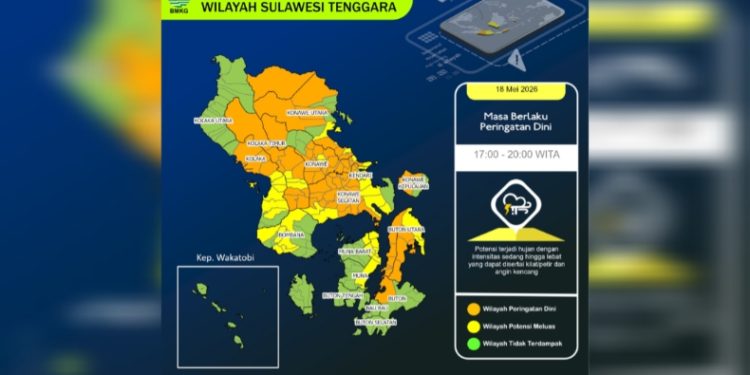 BMKG Sultra Keluarkan Peringatan Dini Cuaca di Sejumlah Daerah Per 18 Mei 2026. (Foto: BMKG Sultra)