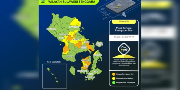 Peringatan Dini Cuaca di Sejumlah Daerah di Sultra Senin 25 Mei 2026. (Foto: Dok BMKG)