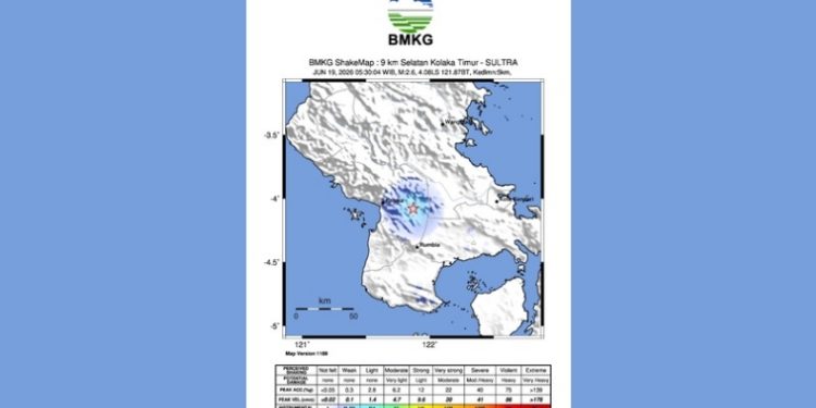 Gempa Bumi Magnitudo 2,6 Guncang Kolaka Timur, Jumat (19/6/2026). (Foto: BMKG)