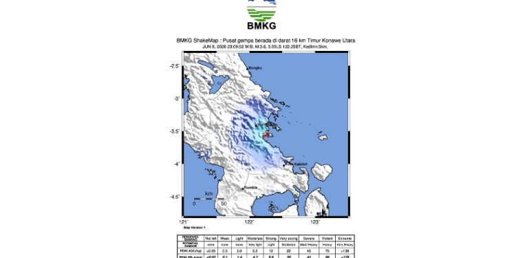 Gempa Bumi Magnitudo 3,6 Guncang Konawe Utara, Akibat Aktivitas Sesar Lawanopo, Senin (8/6/2026) pukul 23.09 Wib atau 00.09 Wita. (Foto: Istimewa)